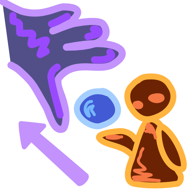 an image with bright line art shows a brown figure with yellow line art and a blue ball hovering over one arm. A giant purple hand comes from the sky to grab the ball. An arrow off to the side points from the yellow figure to the purple hand.